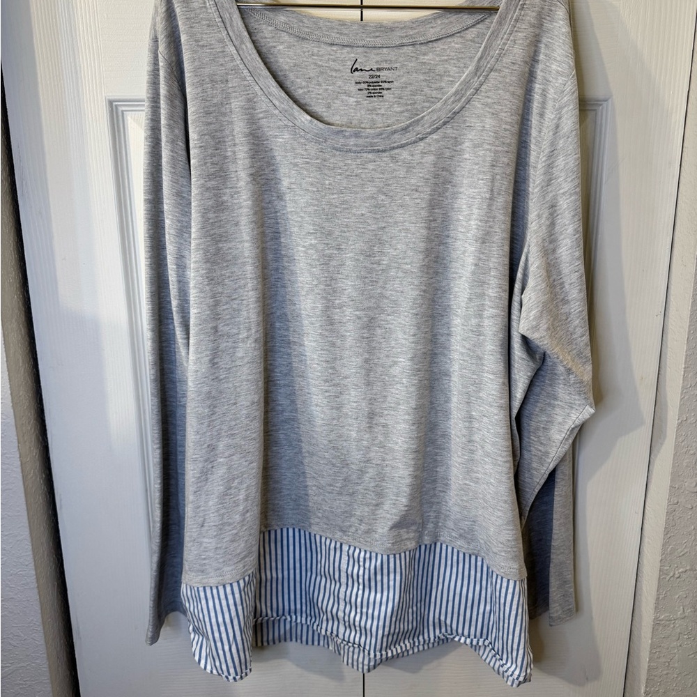 Lane Bryant Gray Long Sleeve Top with Striped Hem